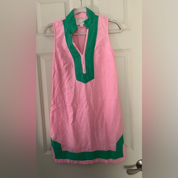 Women’s Sail To Sable Pink & Green Linen Tunic Sleeveless Sun Dress Preppy XS - Picture 1 of 5